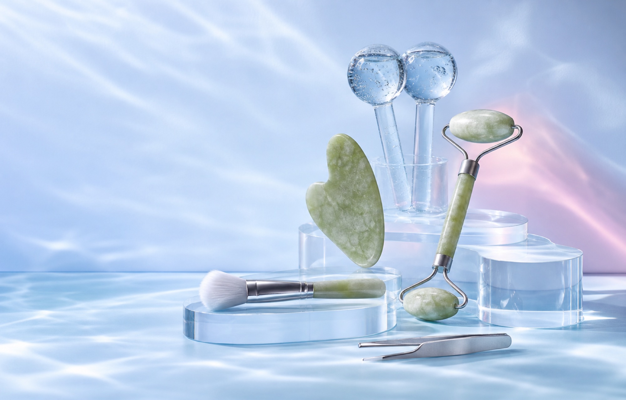 Jade rollers, facial tools and cooling globes arranged on clear display plinths